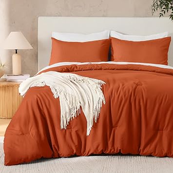 Burnt Orange Comforter Set Queen Size Solid Fluffy Bedding 3 Pieces | Soft Cozy Lightweight Comforters & Sets for All Season, Reversible Boho Fluffy Beddings Down Alternative Blanket Quilt