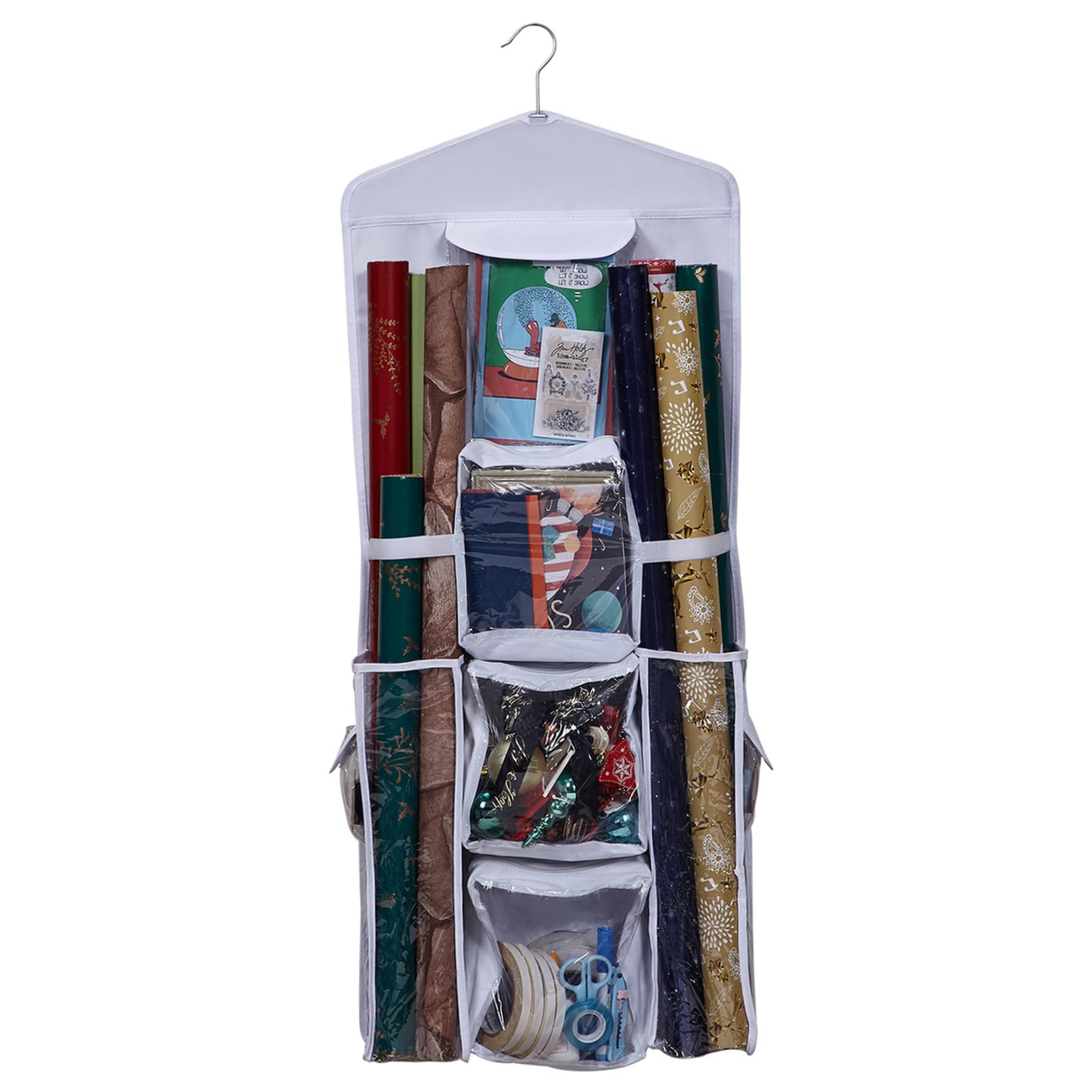 Wrapping Paper Storage Double-Sided Gift Wrap Storage 41 * 102cm Christmas Organiser with Clear Pockets Hanging Gift Craft Wraping Roll Containers