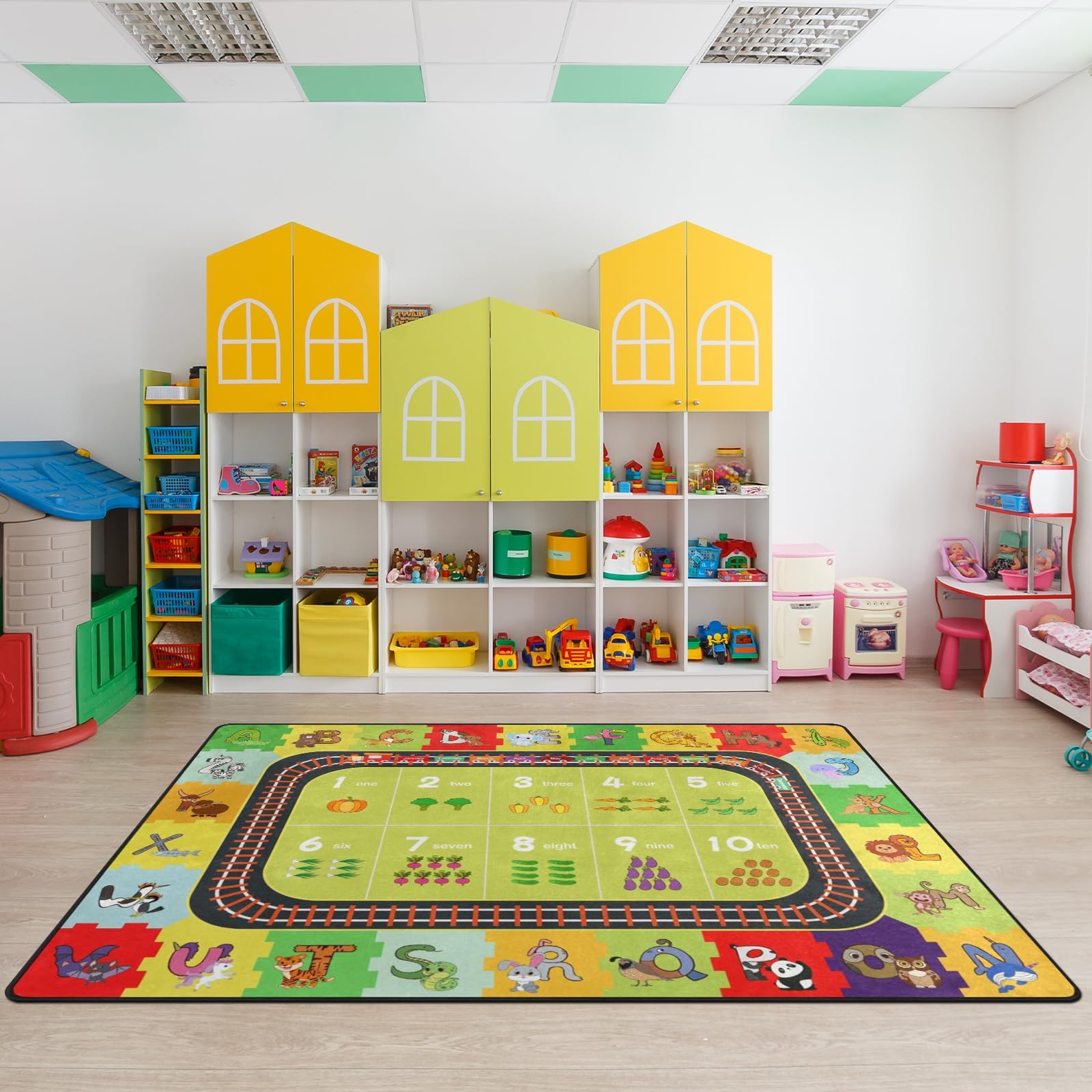 ABC Alphabet Rug，Kids Playmat Rugs Classroom Educational Carpet- 5x7 Ft Cute Cartoon Animals Puzzle Area Rug with Rubber Backing,Nursery Mat wtih Numbers for Girls Boys Bedroom Playroom