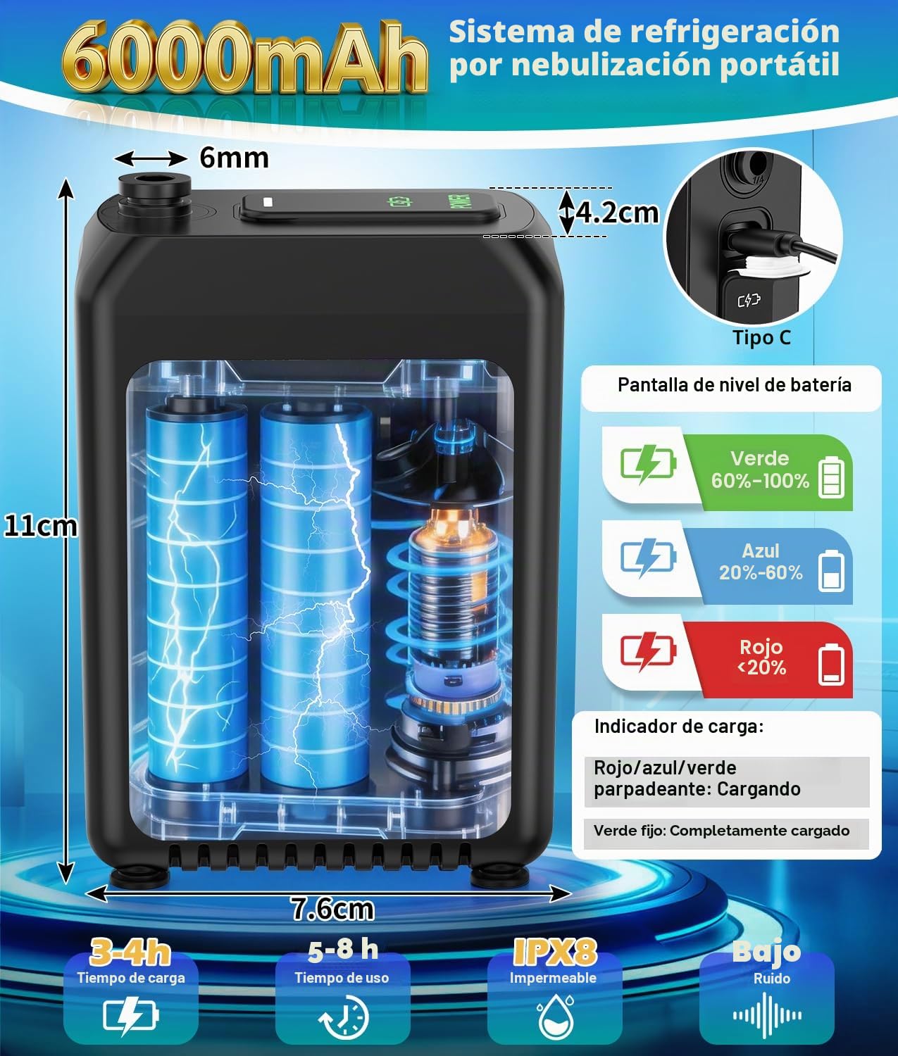WADEO Sistema de refrigeración por nebulización con bomba de 6000 mAh, cubo de agua de 22 litros, manguera de 8 m, 8 boquillas de latón y 10 abrazaderas, para terrazas, jardines y céspedes