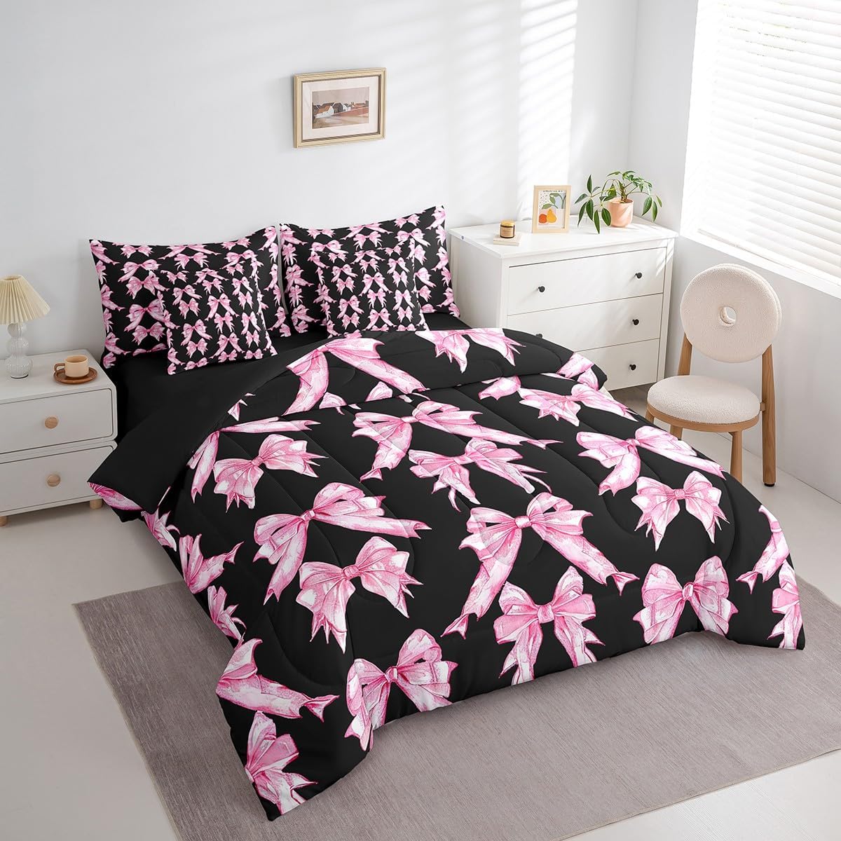 jejeloiu Kids Pink Bows Comforter Set 7 Pieces Full Size Watercolor Bow Ribbon Bedding Set for Boys Girls Princess Themed Bed Set Bed in a Bag with Comforter, Sheets, Pillowcases & Cushion Covers
