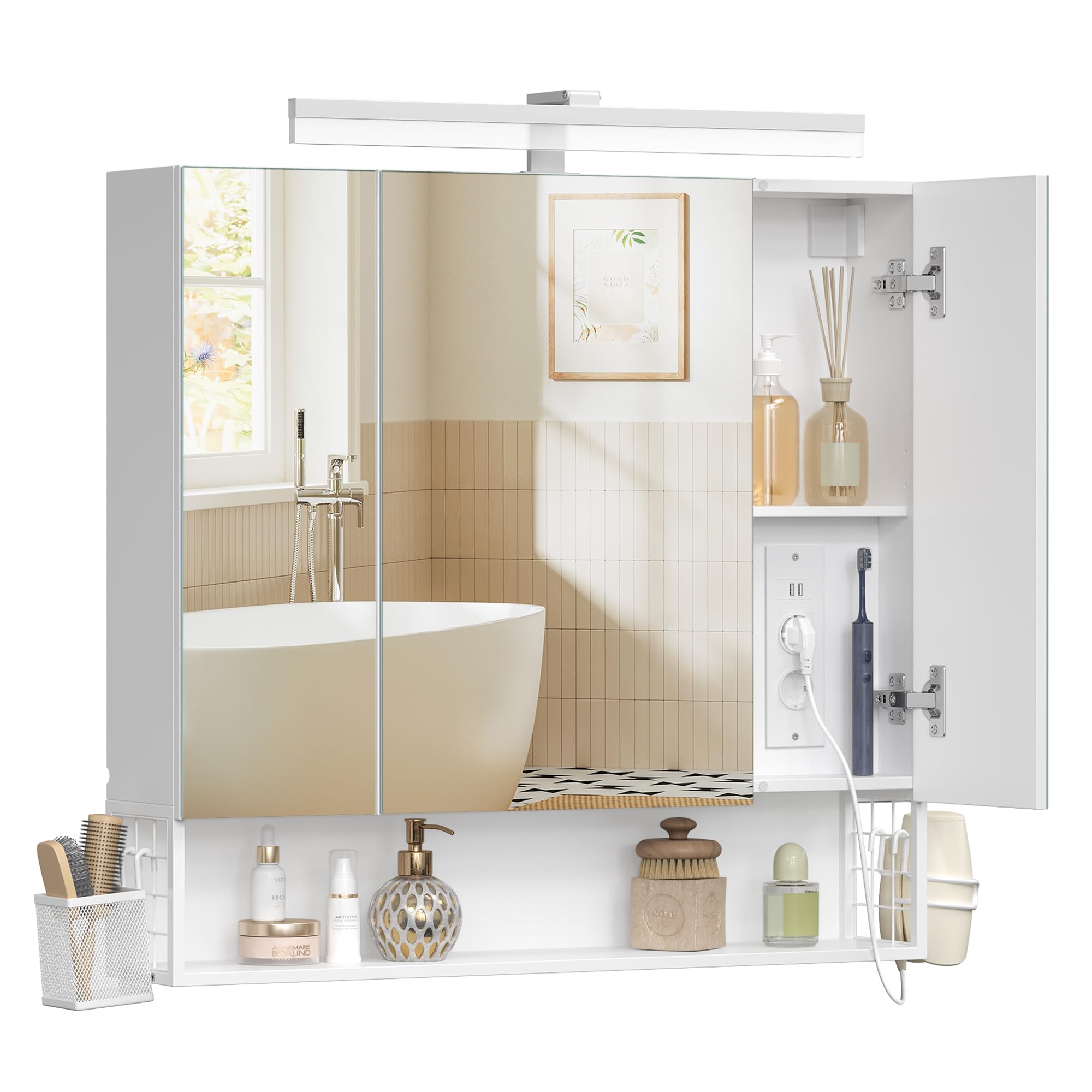 VASAGLE Specchio Bagno Contenitore con Luce, 3 Ante, Mobiletto da Appendere con Presa, 80 x 16,5 x 75 cm, Bianco, Armadietto Bagno Salvaspazio, Collezione DACEY BBK146WB01