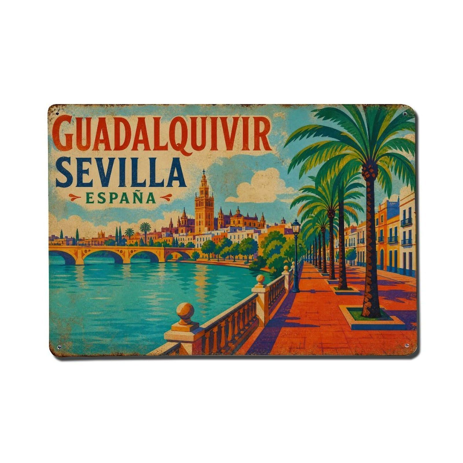 Vintage Travel Guadalquivir River Seville Waterfront Views Metal Tin Sign