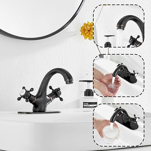 Miniatura 4 de Grifo de baño de bronce aceitado GGStudy grifo de tocador de baño de una sola manija de un agujero grifo de lavabo de baño con placa de cubierta