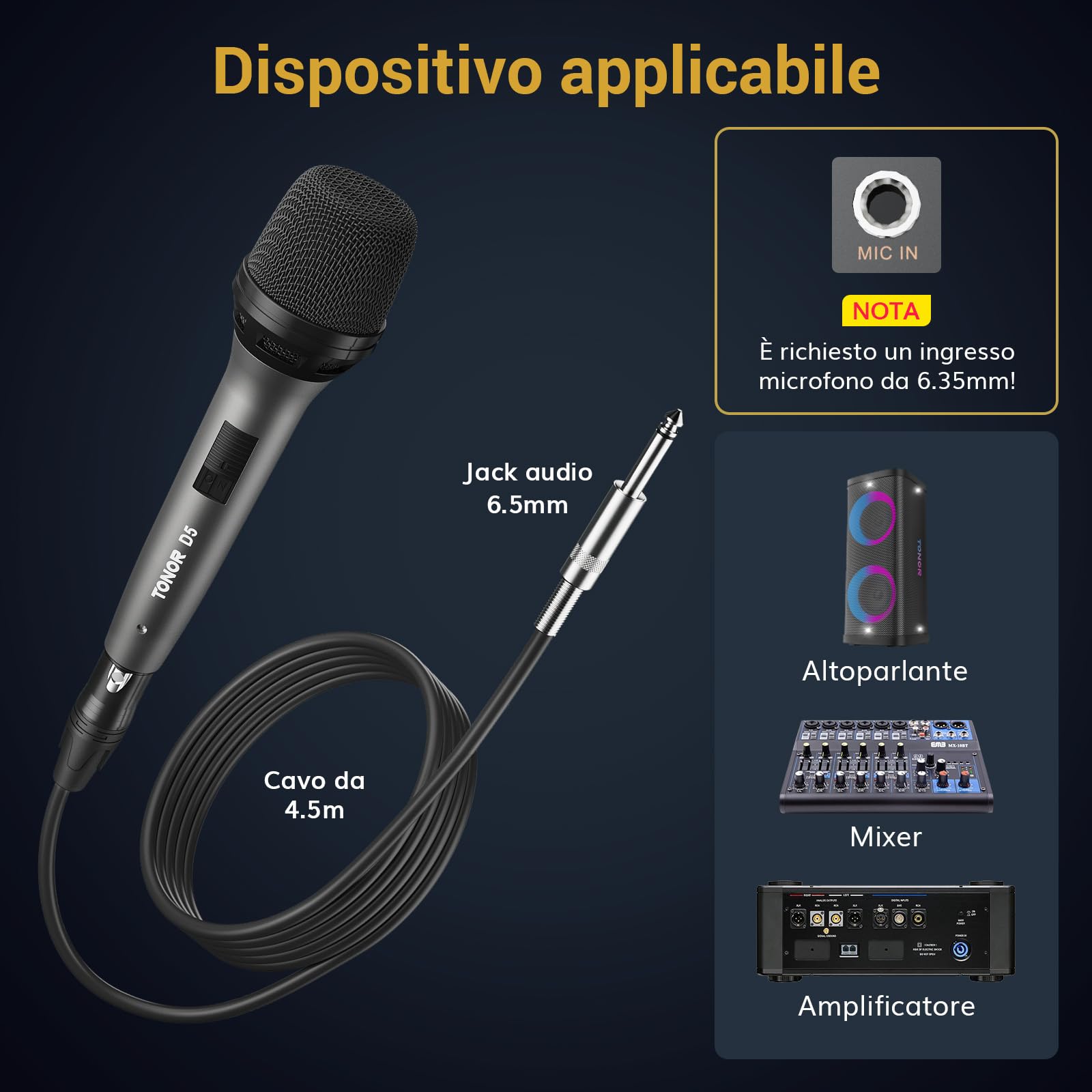 TONOR Micro Dynamique Vocal pour Le Chant, Microphone de karaoké Filaire Portable, Micro de Studio cardioïde avec XLR de 4.5M à 1/4" Câble, adapté aux Haut-parleurs/ampli/activités de Plein air D5
