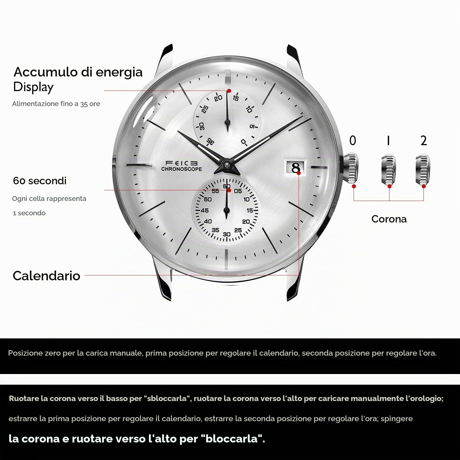 FEICE Orologio Uomo Automatico Orologio Meccanico Carica Manuale Uomo con Vetro Minerale Curvo 2.5D Cinturino in Pelle Cassa 41mm