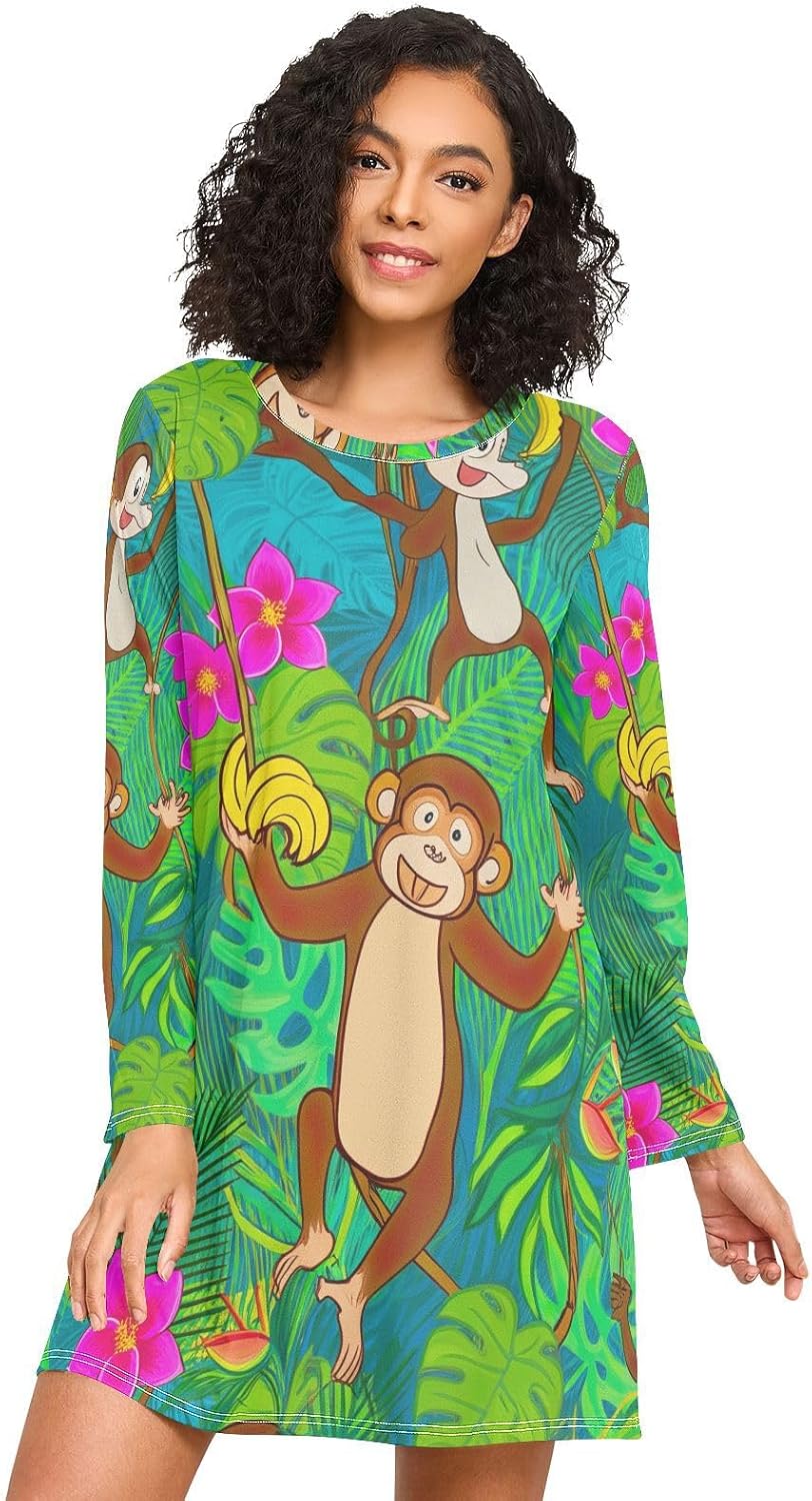 Playful Monkeys Jungle Green Womens Nightgowns, Loose Sleep Dress, Long Sleeve Night Shirts for Woman