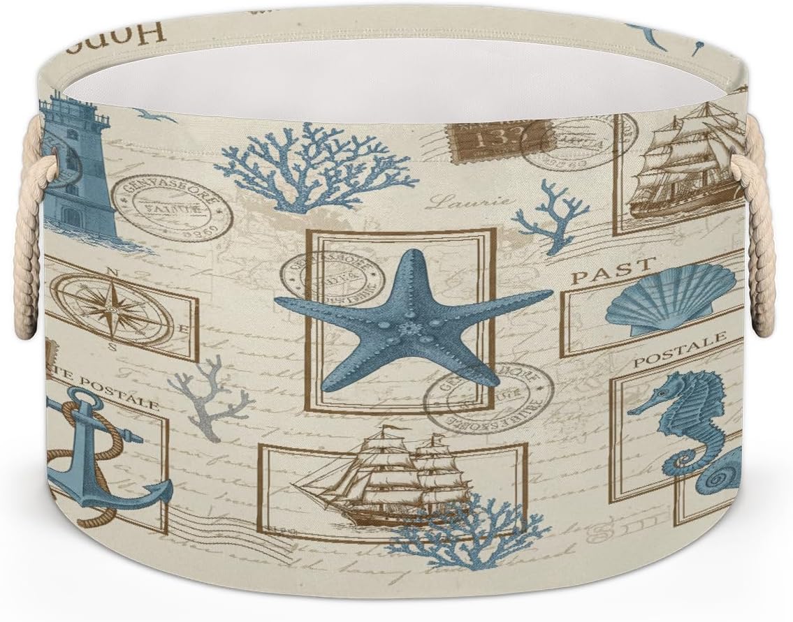 Large Storage Baskets - Retro Nautical Nursery Round Collapsible Organizer Bin Box, Laundry Hamper for Kids Toys, Blanket, Bedroom Living Room Home Decor, Gift Basket, 19.4"x13.3"
