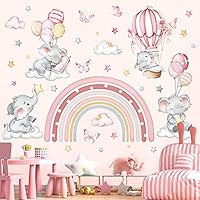 Vista 3 de decalmile Pegatinas de pared de elefante arcoíris rosa, globo aerostático, animales, nubes, estrellas, calcomanías de pared para bebé, guardería