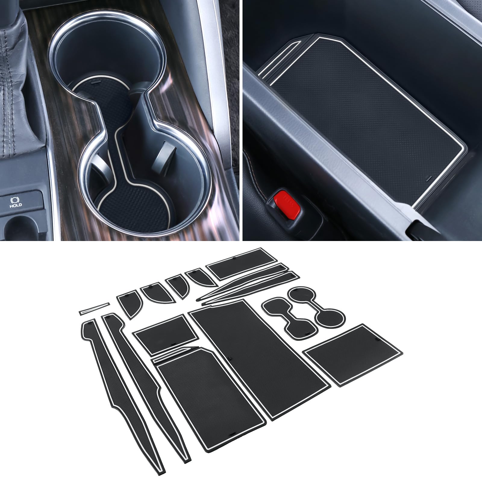 Bercicci Center Console Liner for 2024 2023 2022 2021 2020 2019 2018 Toyota Camry Accessories Cup Holder Mat, Door Slot Pad, Coaster Trim, Non-Slip Dust Interior 16PC Set (Black & White Trim)