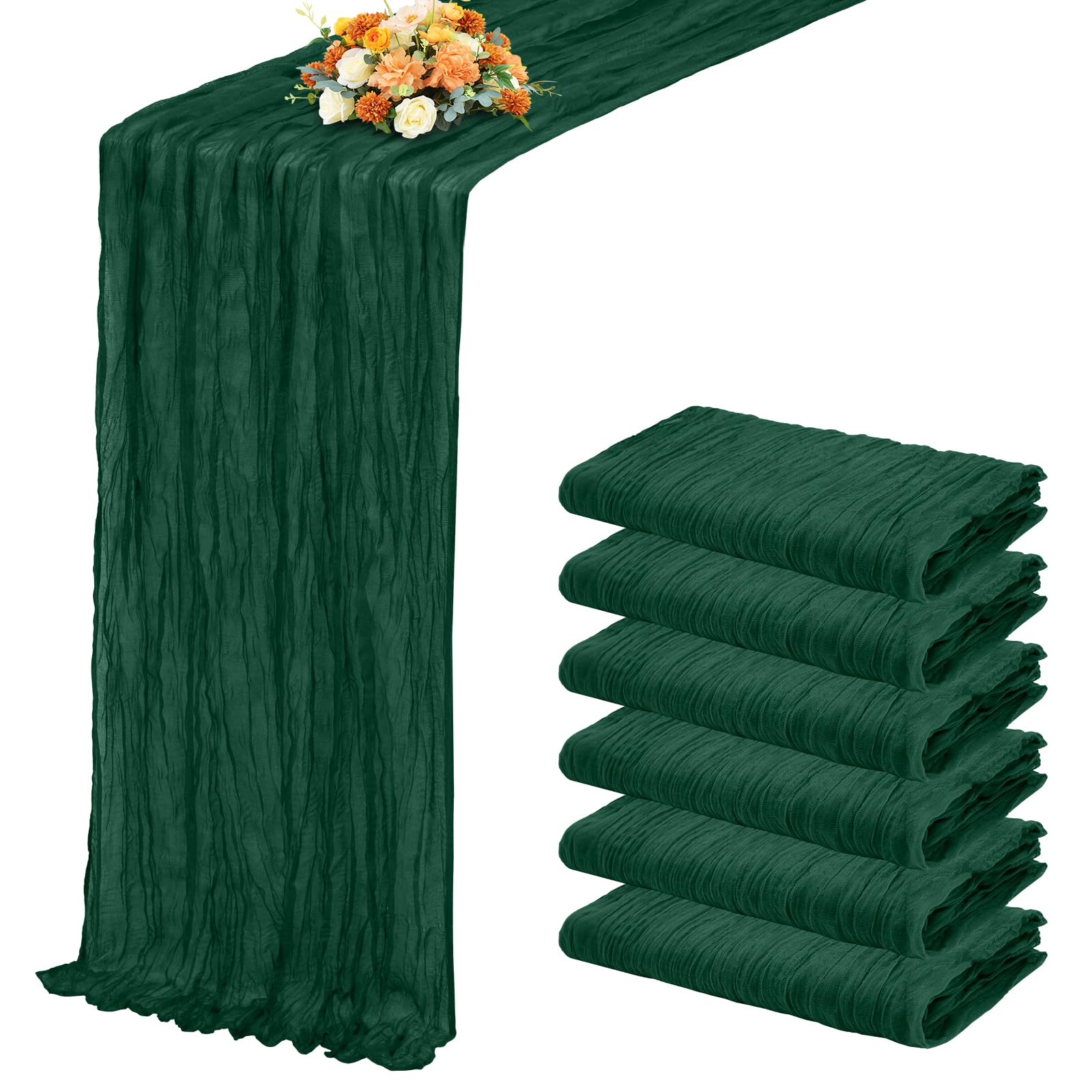Photo 1 of 6 Pack Emerald Green Table Runner 17x108 Inch Cheesecloth Table Runner Boho Gauze Table Runners Romantic Rustic Fabric Cheese Cloth Table Runners for Wedding Party Baby Shower Birthday Home Decor