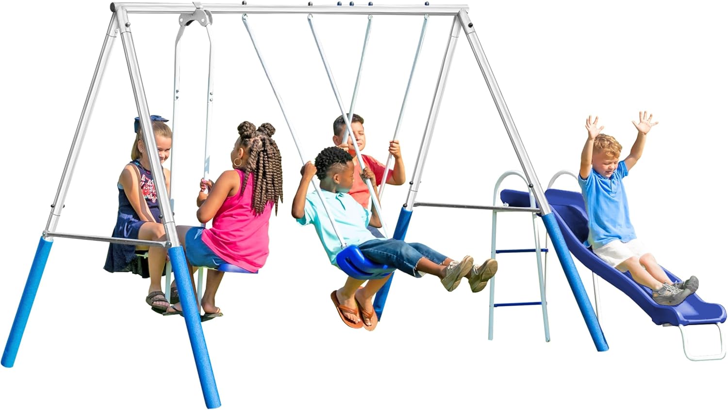 Swing, Slide and Glide - 5 User / 4 Station, Playground Set for Backyards. Easy Assembly, Galvanized Metal Swing Set, Swingset Outdoor for Kids w/ 5' Slide, 114" L x 88" W x 72" H, by XDP Recreation