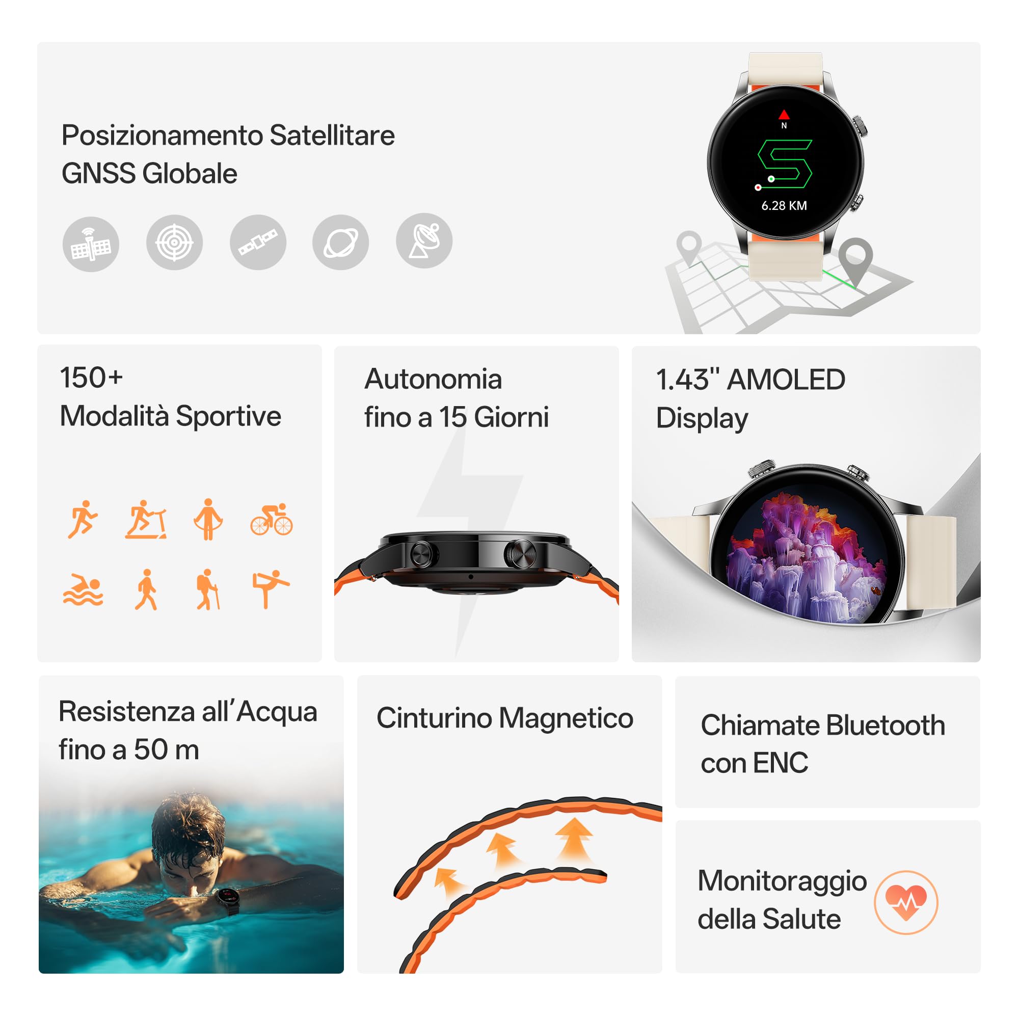 Black Shark S3 Montre connectée avec bracelet magnétique, appels Bluetooth ENC Watches, AMOLED 1,43", 150+ modes sportifs, GPS, batterie 15 jours, suivi de santé, argent
