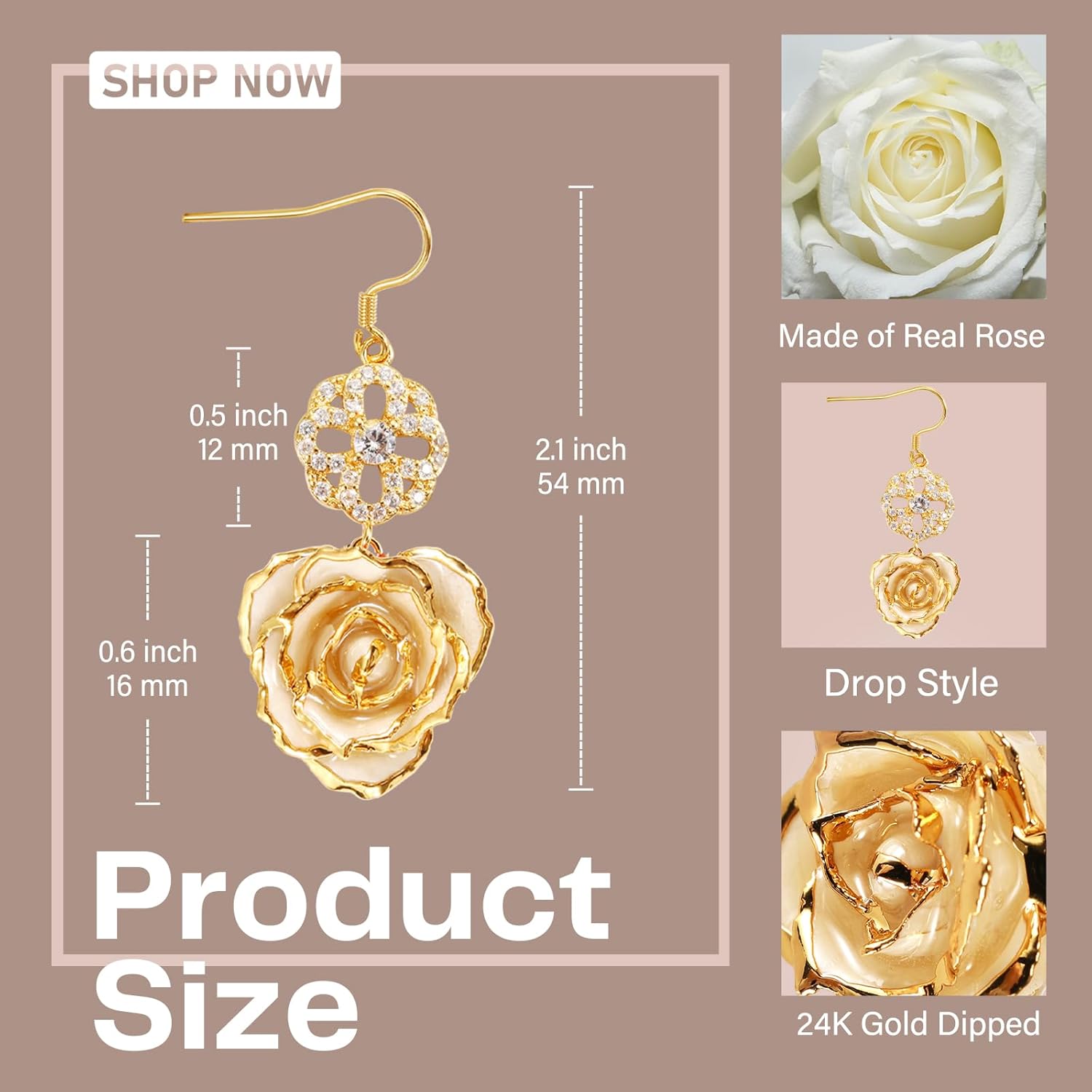 24K Gold Dipped Real Rose Earrings - Dangle Drop Earrings Best Gift for Women Wife Mom Anniversary Mother's Day Birthday Valentines Day - Image 3