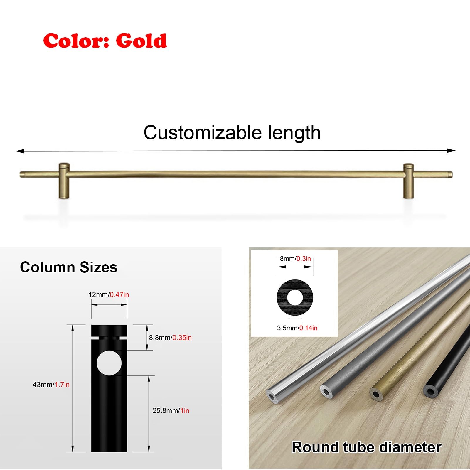 Generisch 8er-Pack goldene Metall-Regalschienen – Stabile runde Aluminiumrohr-Barrierestangen für Bücherregale, Schuhregale, Küchenschränke – Einfache Montage, 99 cm Lange dekorative Stangen