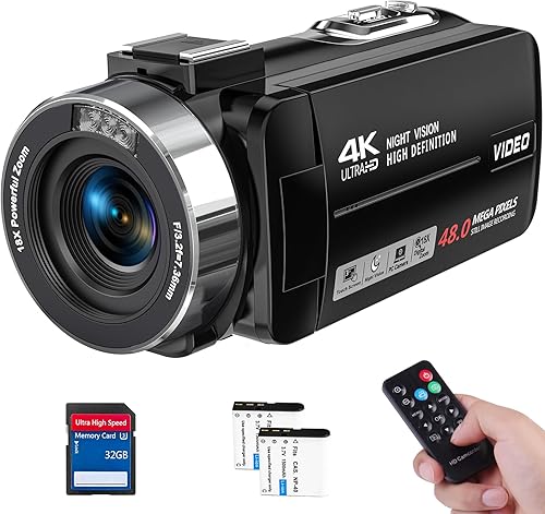 Videocámara de videocámara 4K Ultra 48MP IR de visión nocturna, videocámara digital con zoom 18X, pantalla táctil de rotación de 3 pulgadas, cámara