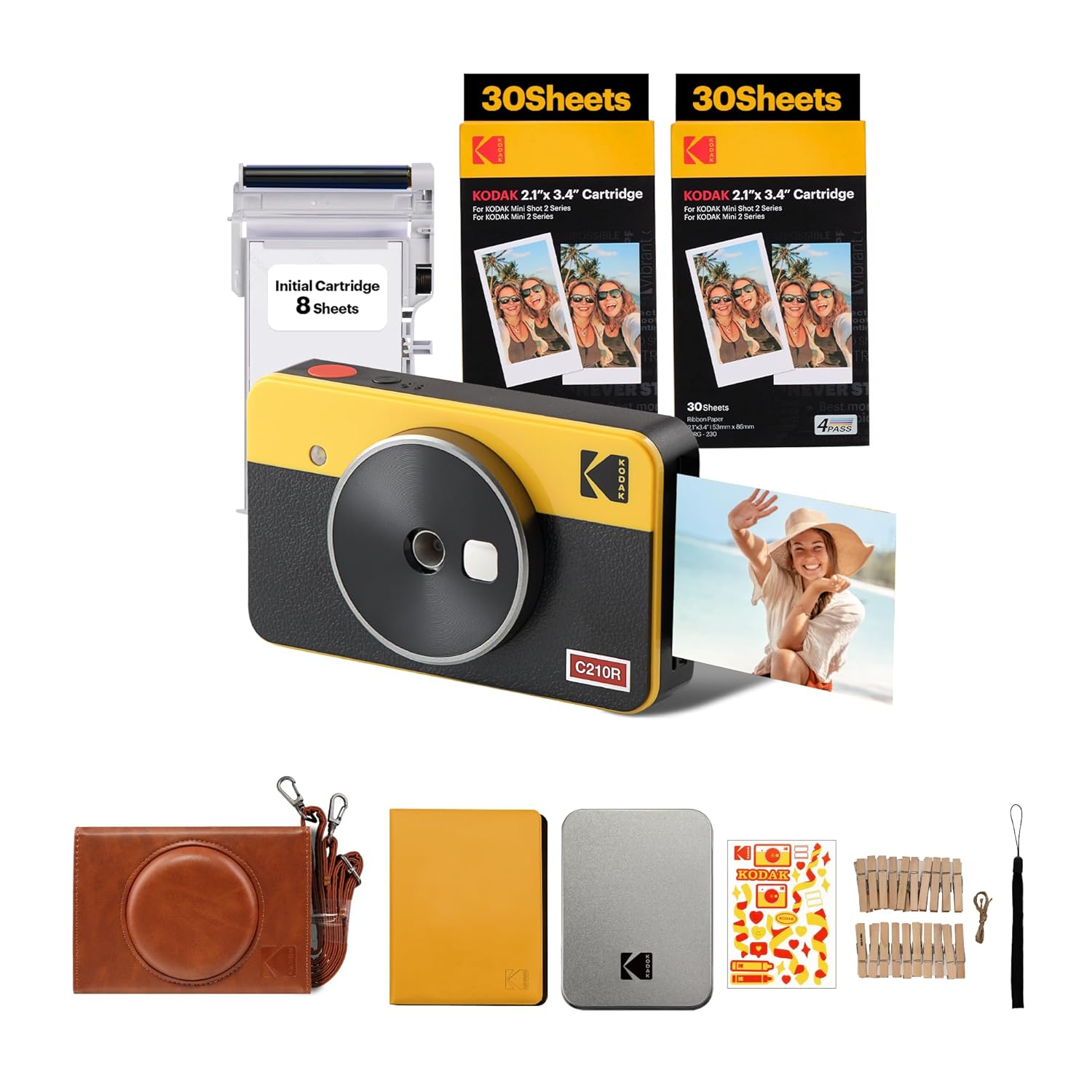 KODAK Mini Shot 2 Retro 4PASS 2-in-1 Instant Camera and Photo Printer (2.1×3.4 inches) + 68 Sheets Gift Bundle, Yellow