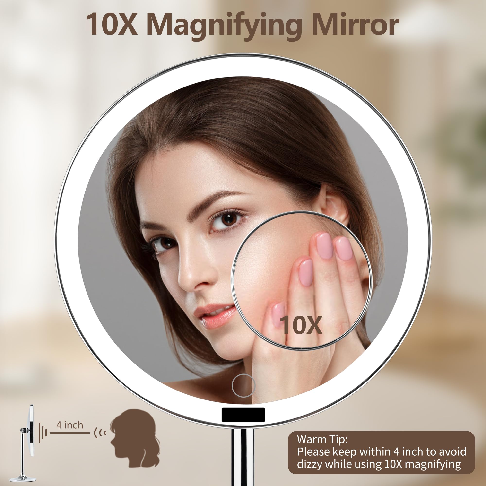 Espejo de tocador grande de 9 pulgadas con luces, espejo de maquillaje iluminado con espejo de aumento desmontable de 10X, 77 luces LED, espejo de maquillaje con sensor recargable de 4000 mAh