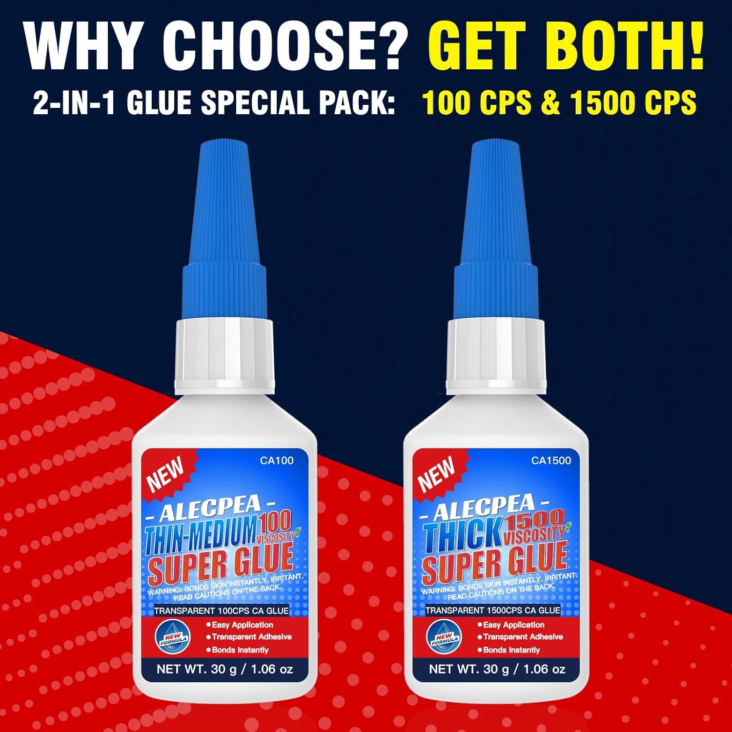 60g(2oz) 100/1500 CPS (Thin/Thick) CA Glue, Cyanoacrylate Super Glue for Wood, Glass, Metal, Paper, Leather, Plastic, Ceramic, Rubber, Jewelry, Woodworking, Hobby Models, and Craft Project