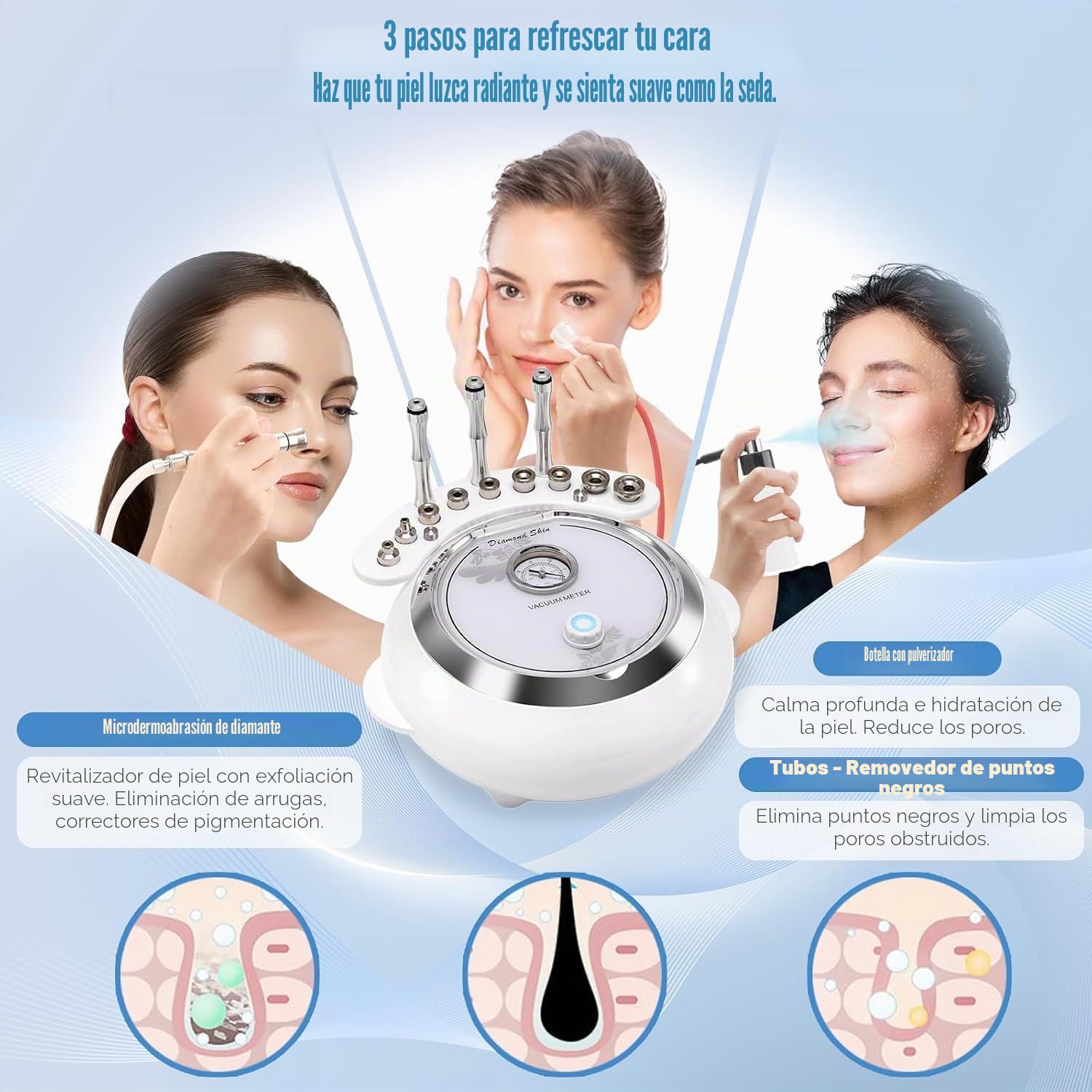 Máquina De Microdermoabrasión De Diamante 3 en 1, Equipo De Salón para El Cuidado De La Piel Facial con Vacío y Rociador (potencia de succión fuerte 65-68cmhg)