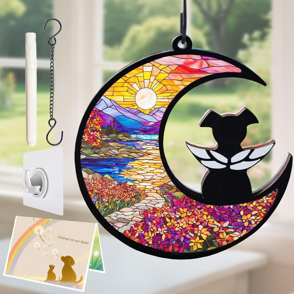 Agoumlux Dog Angel Memorial Suncatcher with Rainbow Bridge Poem Card, Pet Sympathy Gifts for Loss of Dog, Natural Landscape