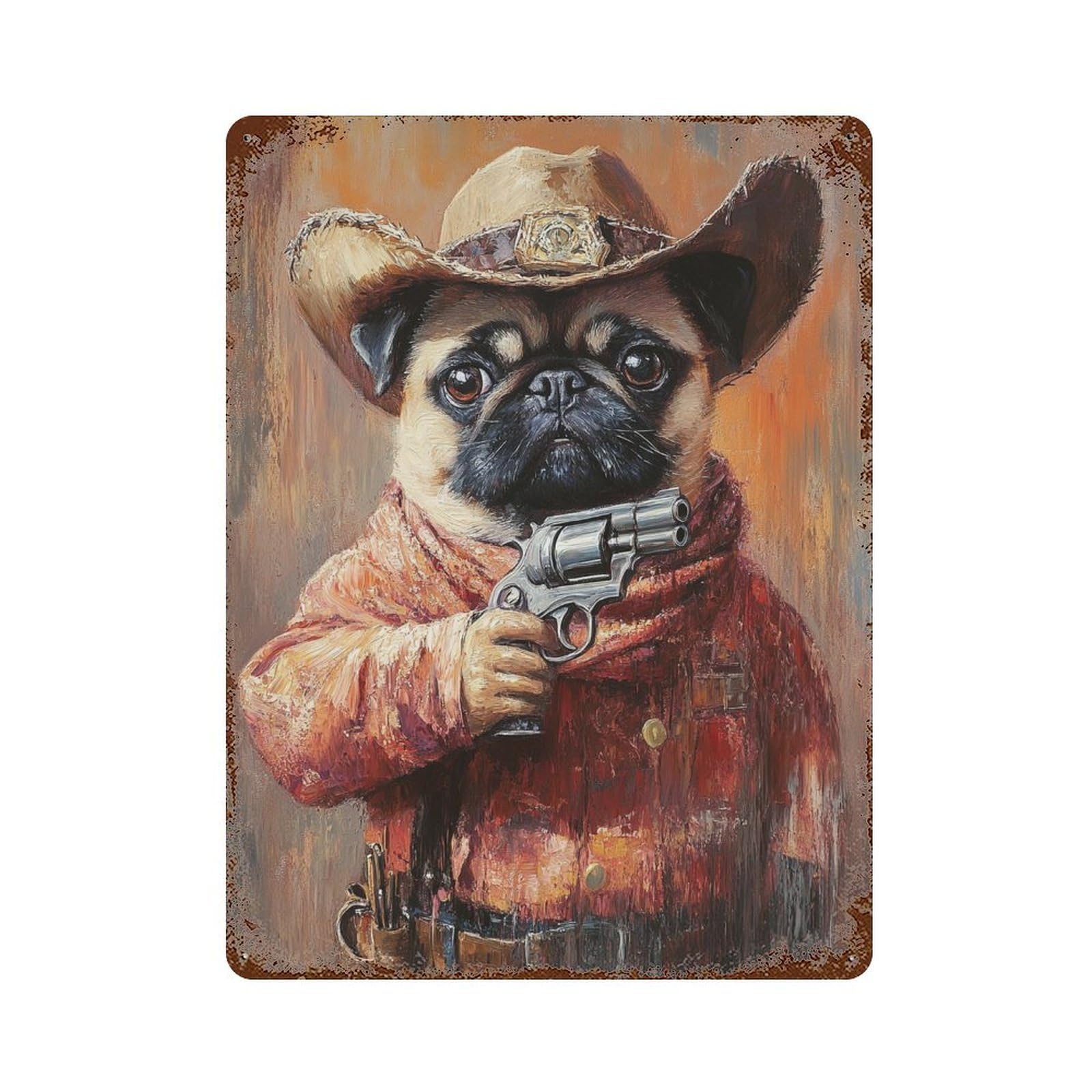 Rust Effect Western Pug Sheriff Art Print Aged Metal Wall Plaque 15.7"x11.8", Classic Wall Plaque for Basement, Hobby Room And Garage Decor