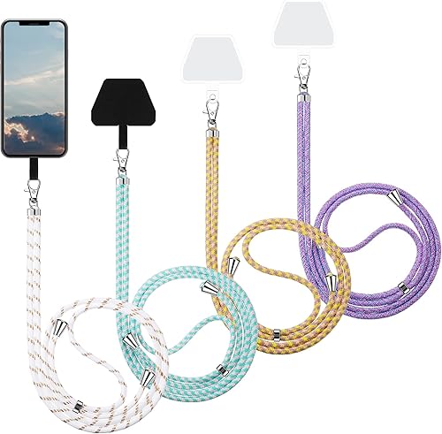 Miniatura 1 de Weewooday - 4 cordones universales para teléfono celular, cordón ajustable de nailon desmontable y 4 almohadillas negras y transparentes para la