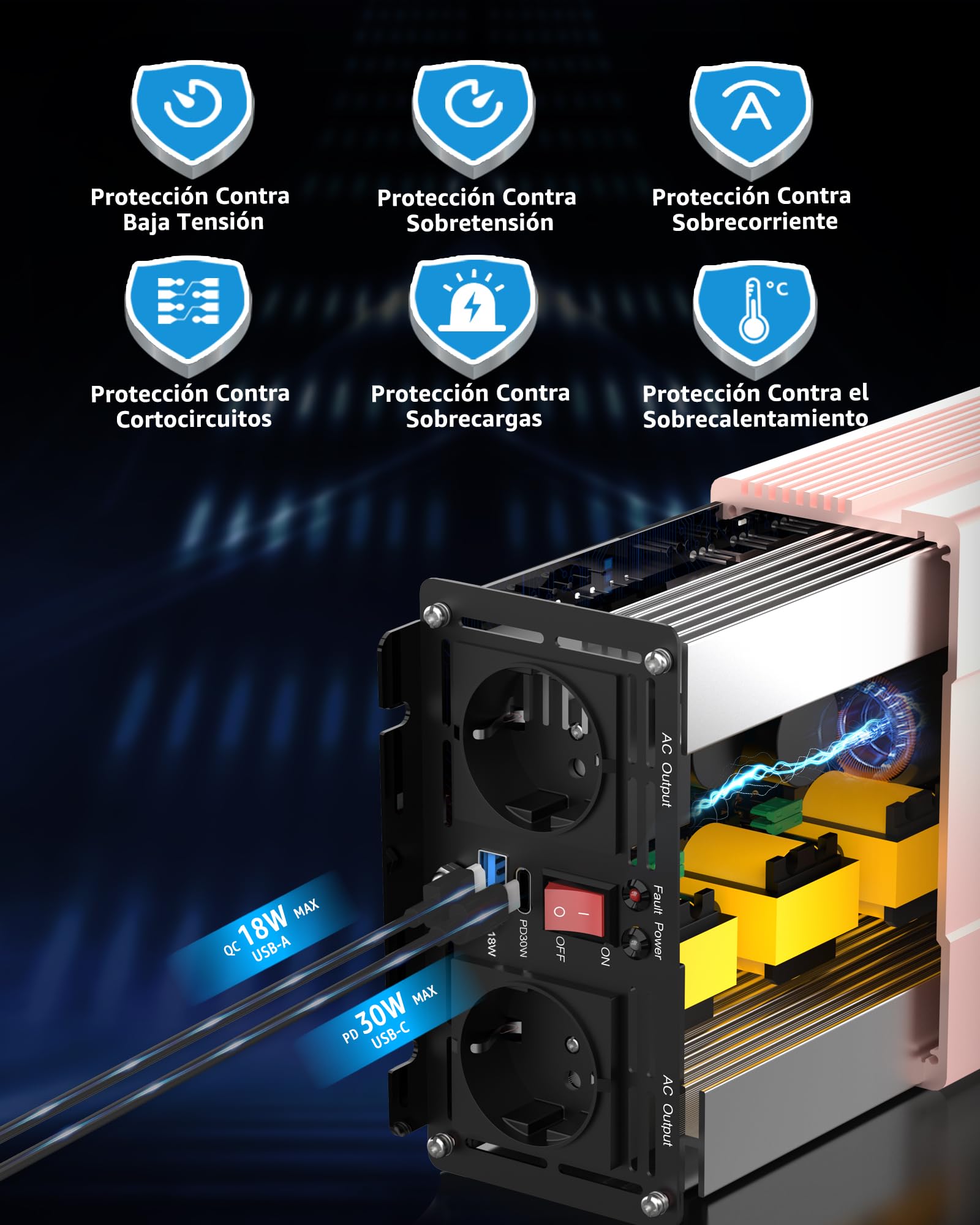XWJNE 1500W Inversor 12V a 220V, Convertidor para Coche con 1 Enchufe EU, 2 Puertos USB-A, 2 Puertos USB-C, Inversor de Corriente Onda Sinusoidal Modificada con Pantalla LCD y Control Remoto