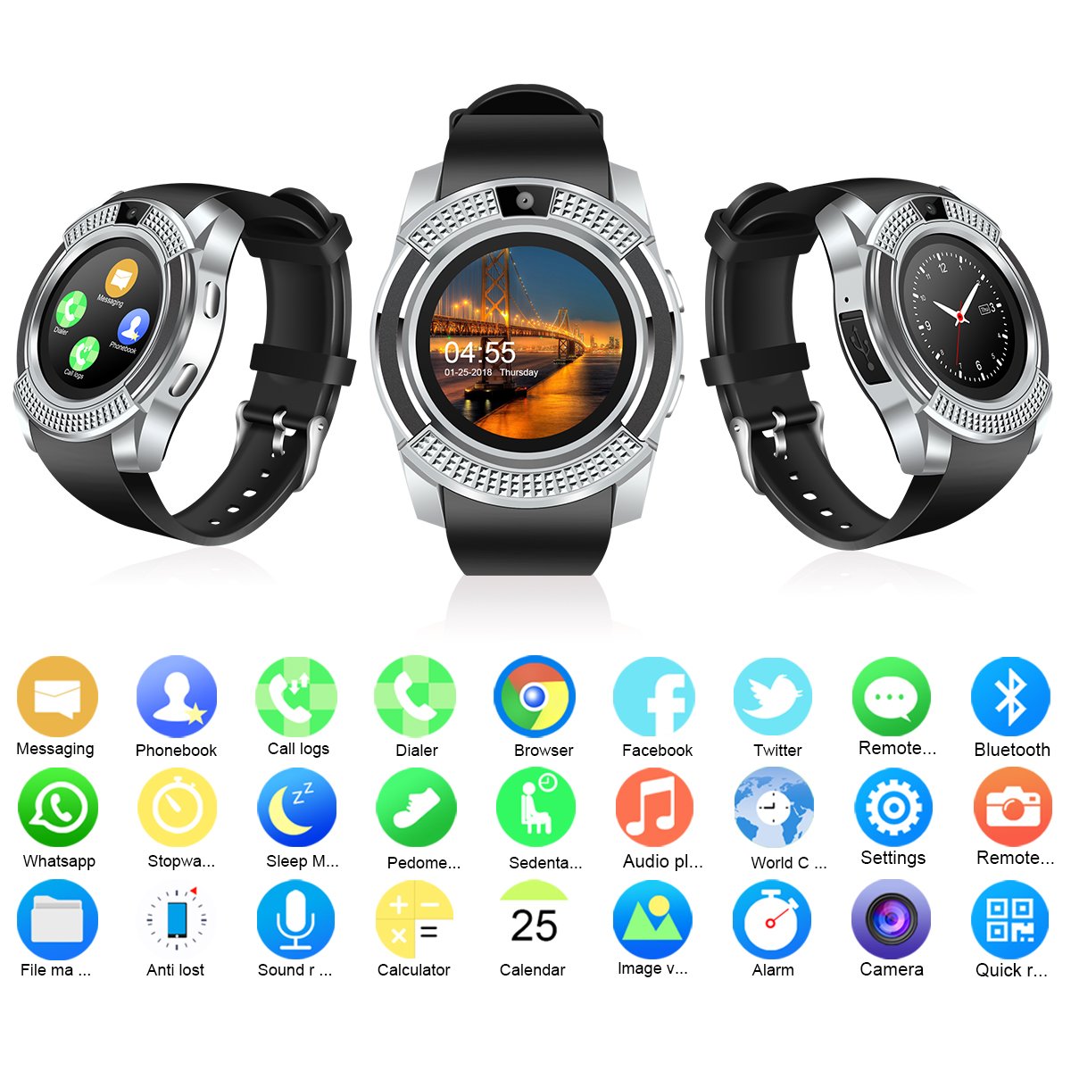 V8 Sports Smartwatch Bluetooth With Camera Message Push Touch