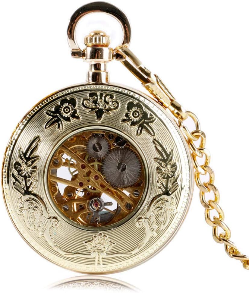 OIFMKC Pocket Watch Vintage Golden Skeleton Porket Watch Unisex Retro Mechanical Hand Wind Watch Open Face Design Roman Numbers Watches in Gift Bag