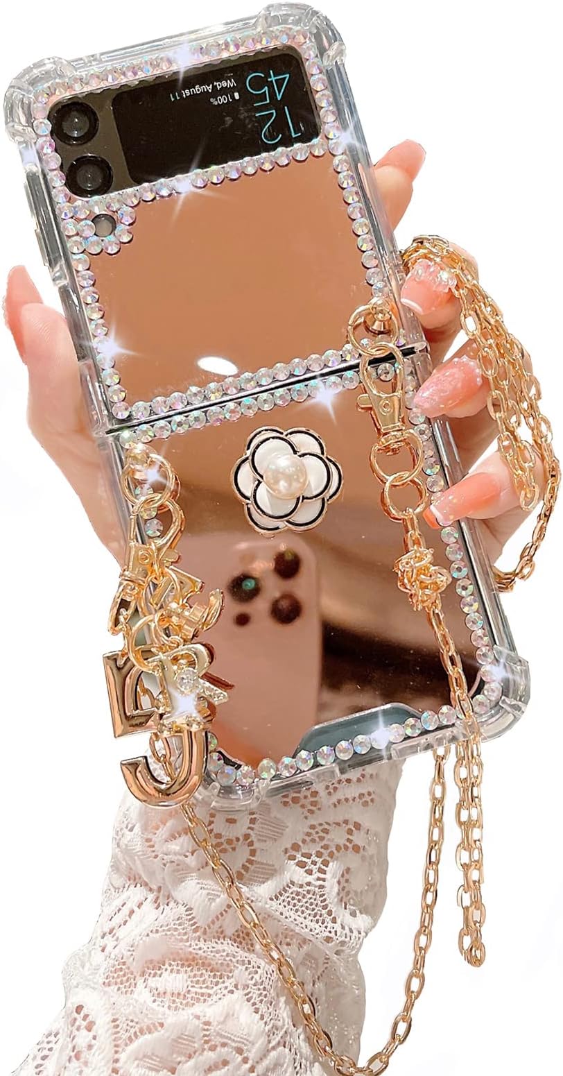 Omio for Samsung Galaxy Z Flip 4 5G Mirror Case with Crossbody Lanyard Luxury 3D Sparkle Crystal Diamond Bling Glitter Cute Slim Makeup Hard PC Phone Case for Galaxy Z Flip 4 Women Girls, Gold