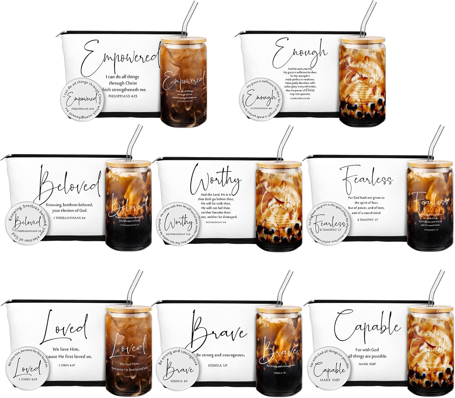 24 Pcs Mother's Day Bulk Gifts for Church Christian Gifts for Women 16 oz Religious Glass Cups Bible Verse Makeup Bags and Scripture Compact Mirrors for Mom Mother Easter