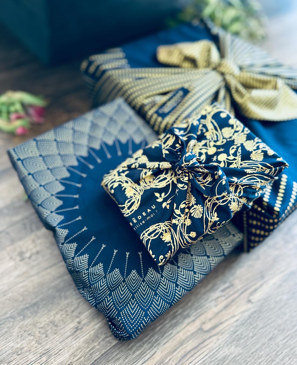 3 stuks geschenkpapieren verpakkingen, herbruikbaar, gerecycled katoen, milieuvriendelijke Furoshiki-stof, Carédeau Pack familie 'schoonheid' in dennengroen, maat S, M en L, Franse ontwerper