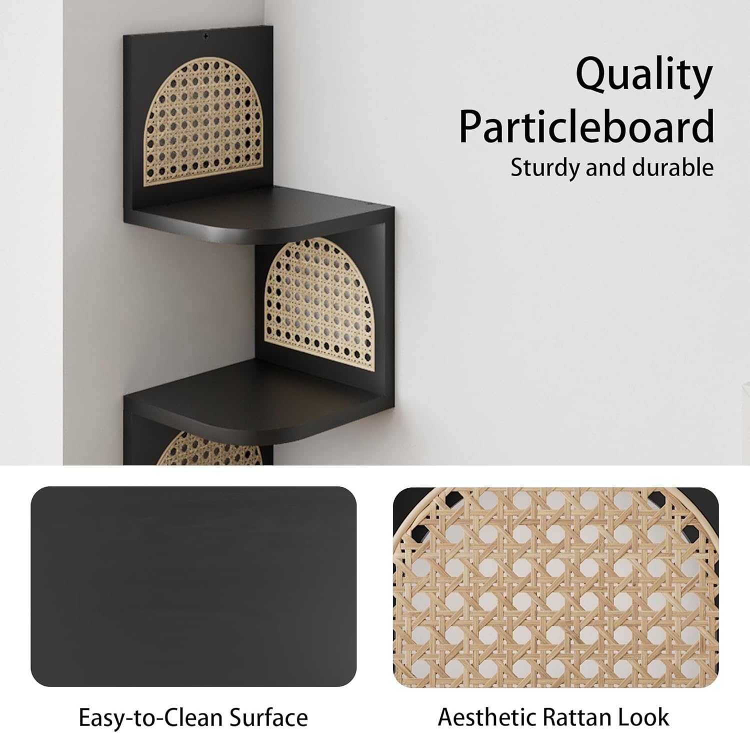 4-Tier Corner Shelves - Zig Zag Rattan Wall Shelf, Black Corner Shelf Wall Mounted, Floating Shelves for Bedroom, Bathroom & Living Room