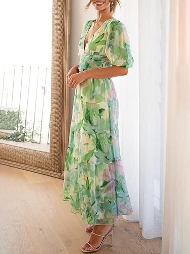 Miniatura 3 de Sissyaki Vestido largo escalonado con cuello cuadrado para mujer, manga corta, cintura alta, vestido midi fruncido