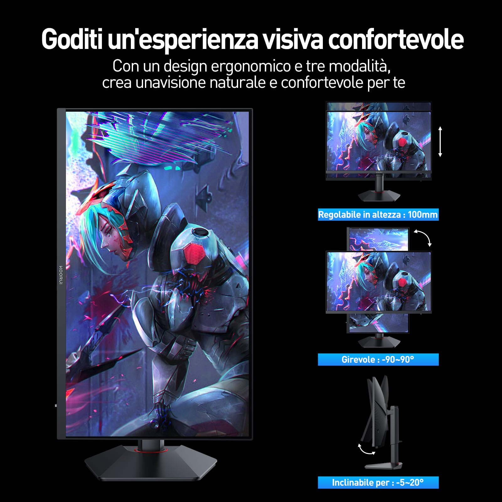 KOORUI G2741L Monitor Gaming 27 Pollici, 4K UHD, 160Hz/320Hz, HDR400, Fast IPS, 1ms, Adaptive Sync, regolabile, HDMI 2.1 * 2+DP 1.4, VESA 75x75mm