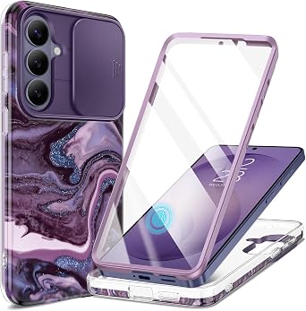 GVIEWIN for Samsung Galaxy S26 Plus Case with Slide Camera Cover Marble | Built-in Screen Protector, Military-Grade Shockproof, Rugged Full Body Protection Phone Case for S26+ Plus, Quicksand/Purple