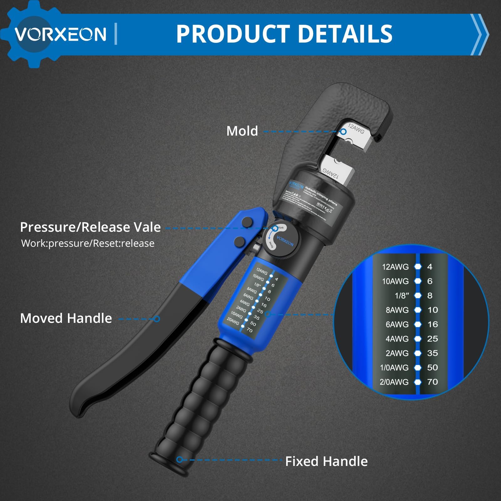 VORXEON 8 Ton Hydraulic Crimping Tool Set including 9 Dies 4-70mm²(12AWG-2/0AWG) 10in Cable Cutter - Image 4