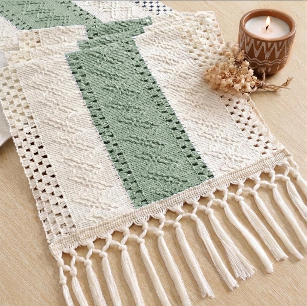 FEXIA Boho Table Runner with Tassels for Home Decor 12x72 Inches Green