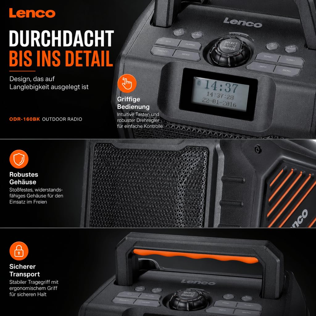 Lenco ODR-160GY - Outdoor-Radio - DAB+/FM-Radio - Bluetooth-Lautsprecher | ODR-160BK - stoßfest & wasserdicht - SD-Kartenleser - AUX-In - 35W RMS - 20 Stunden Akkulaufzeit