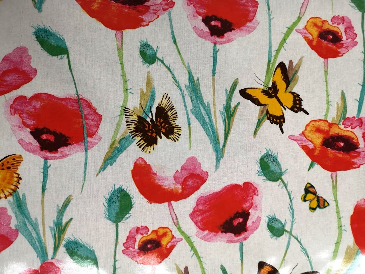 Home Expressions ® Field of Poppies on a White Ground with Butterflies, Oilcloth Tablecloth Wipe Clean Waterproof, Cotton Cloth Pvc Coated Colourful Birds (132cm x 200cm Rectangle)