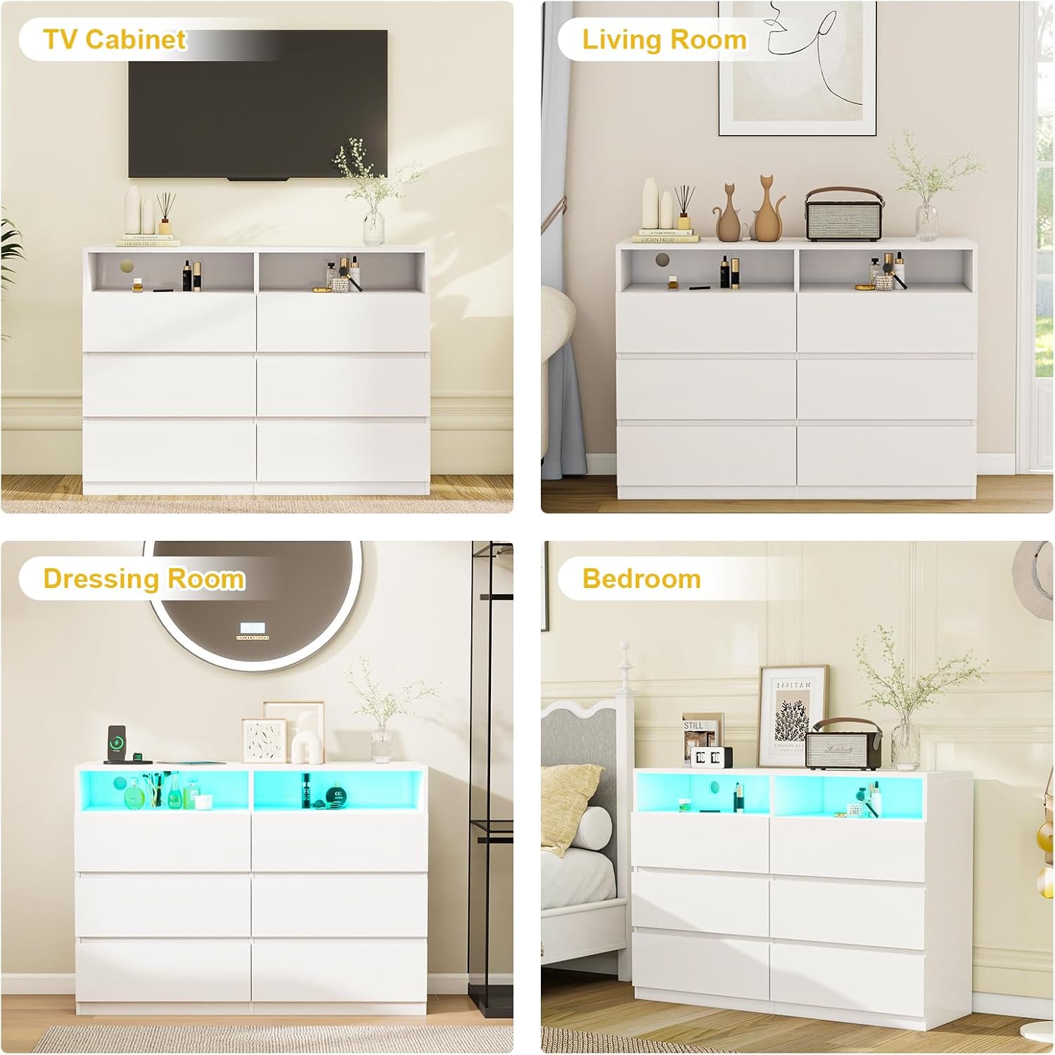 Vipbear White Dresser 6 Drawer for Bedroom with LED Light Modern Double Wide Chest of Deep Drawers with Power Outlet Storage Cabinet Dressers Organizer with Open Shelf for Living Room