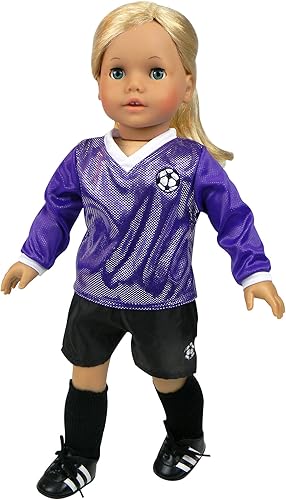 Miniatura 3 de Sophia's Muñeca de 18 pulgadas, 4 piezas. Uniforme de fútbol con jersey morado de manga larga, pantalones cortos negros, tacos negros y pelota de