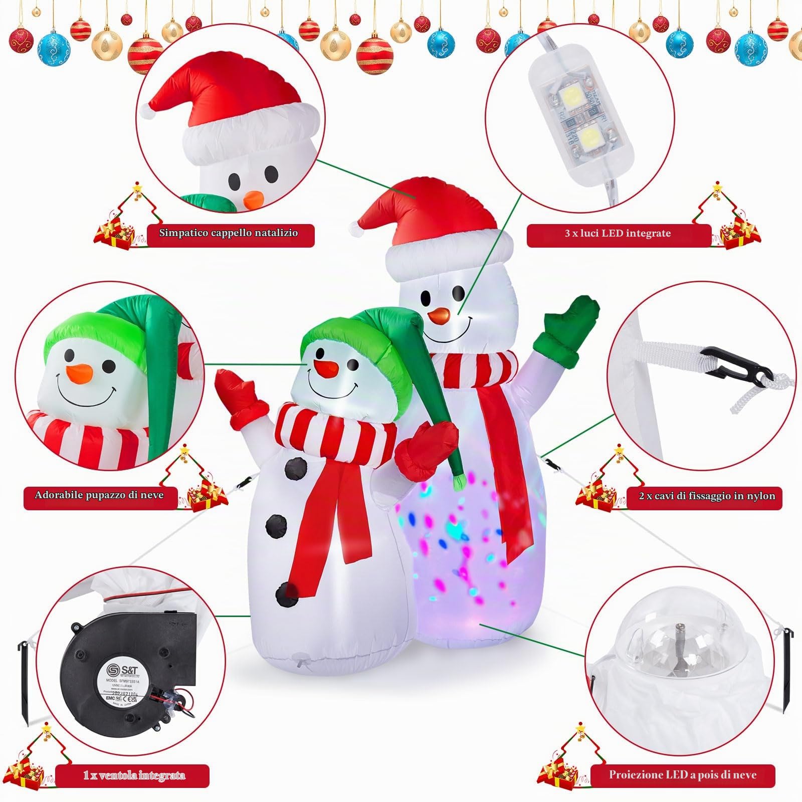 CAMULAND 1.8M Gonfiabile Decorazioni di Natale Gonfiabile Pupazzo di neve con Built-in luci LED, Decorazioni di Natale all'aperto…