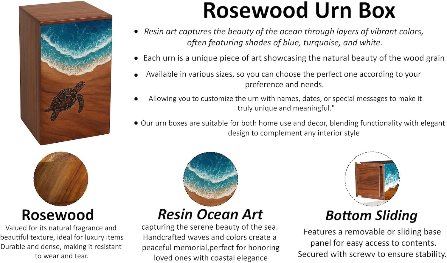 Handcrafted Rosewood Wooden Urn with Ocean Wave Resin Art & Turtle Engraving | Premium Decorative Storage Urn| Handmade Gift Box for Home Décor, Jewelry & Keepsakes (5"x3"(20Cu/in))