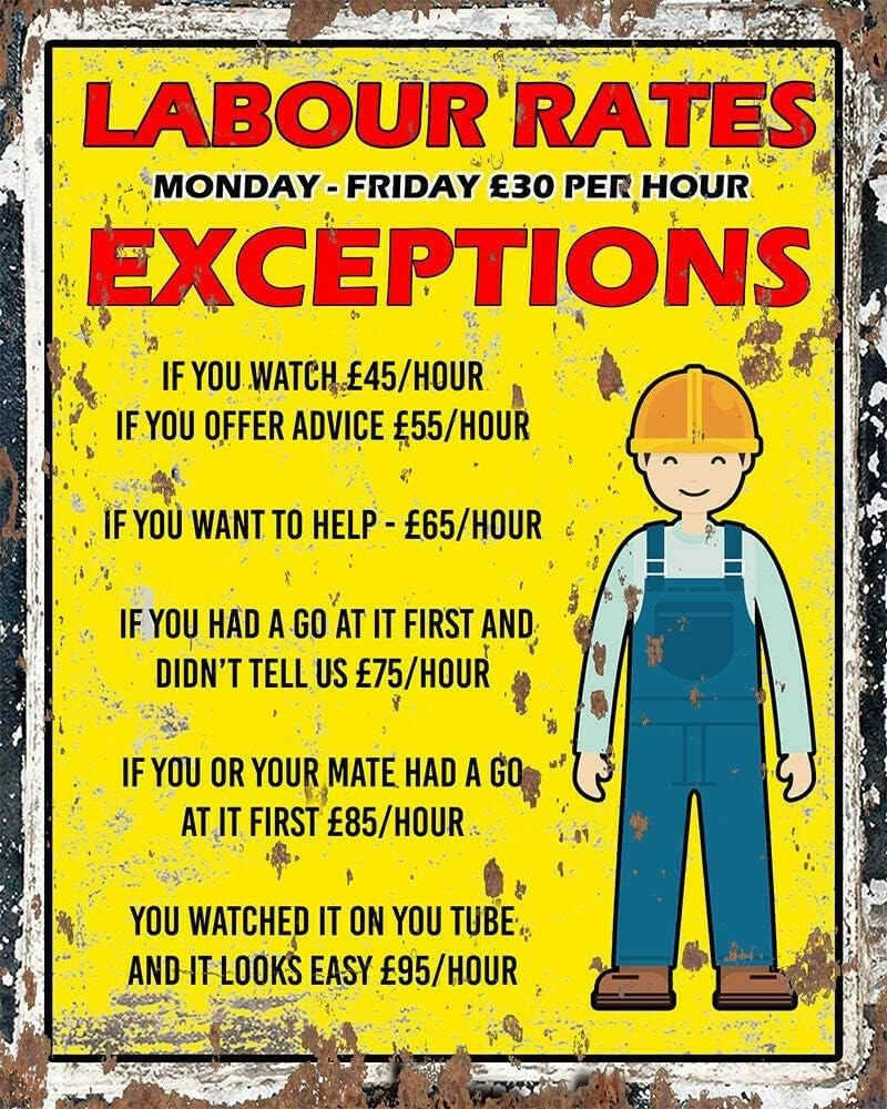 Labour Rates Workman Mechanic Handyman Funny Vintage Retro Man Cave Bar