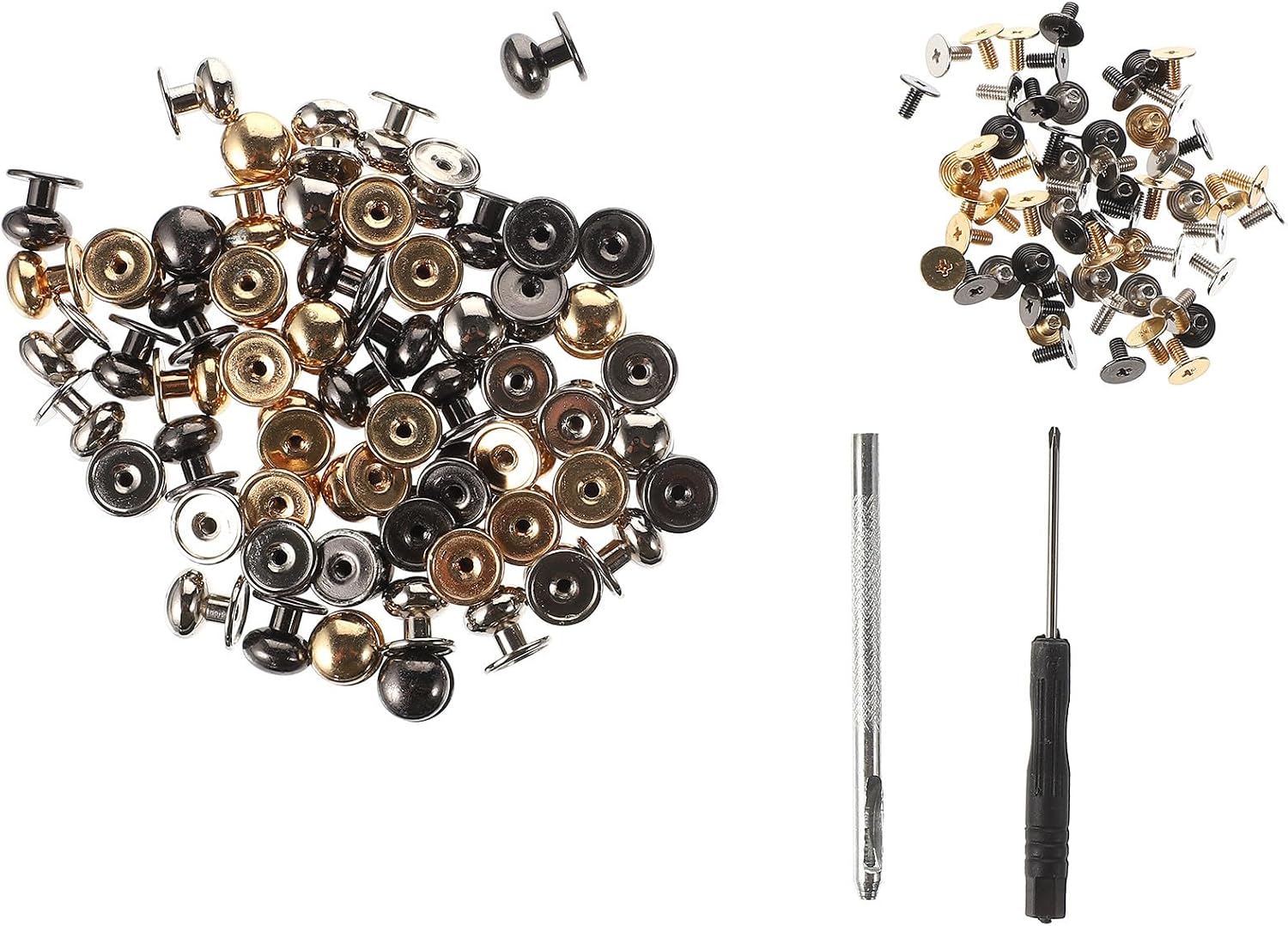 Gogogmee Leather Rivet Studs Set with Screwdriver 60pcs Brass Mini Rivets 3-Color DIY Leathercraft Accessories Kit for Handbag Luggage Repair and Crafting