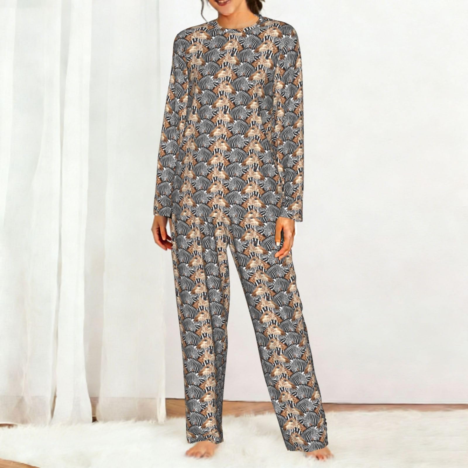 Pigiama da donna a maniche lunghe con stampa zebra e giraffa, morbido pigiama da spiaggia, vacanze, biancheria da notte, regalo casual