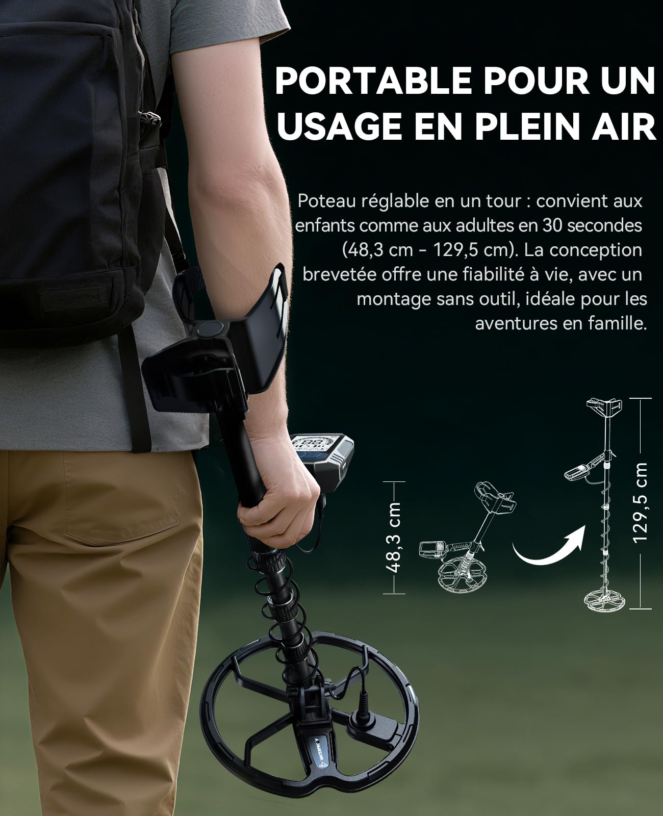 SUNPOW Détecteur de Métaux - Bobine Double D de 28 cm, Batterie au Lithium 35h, 10 Niveaux de Sensibilité, 4 Modes de Recherche, Rechargeable,7 Identifications de métaux, étanche IP68