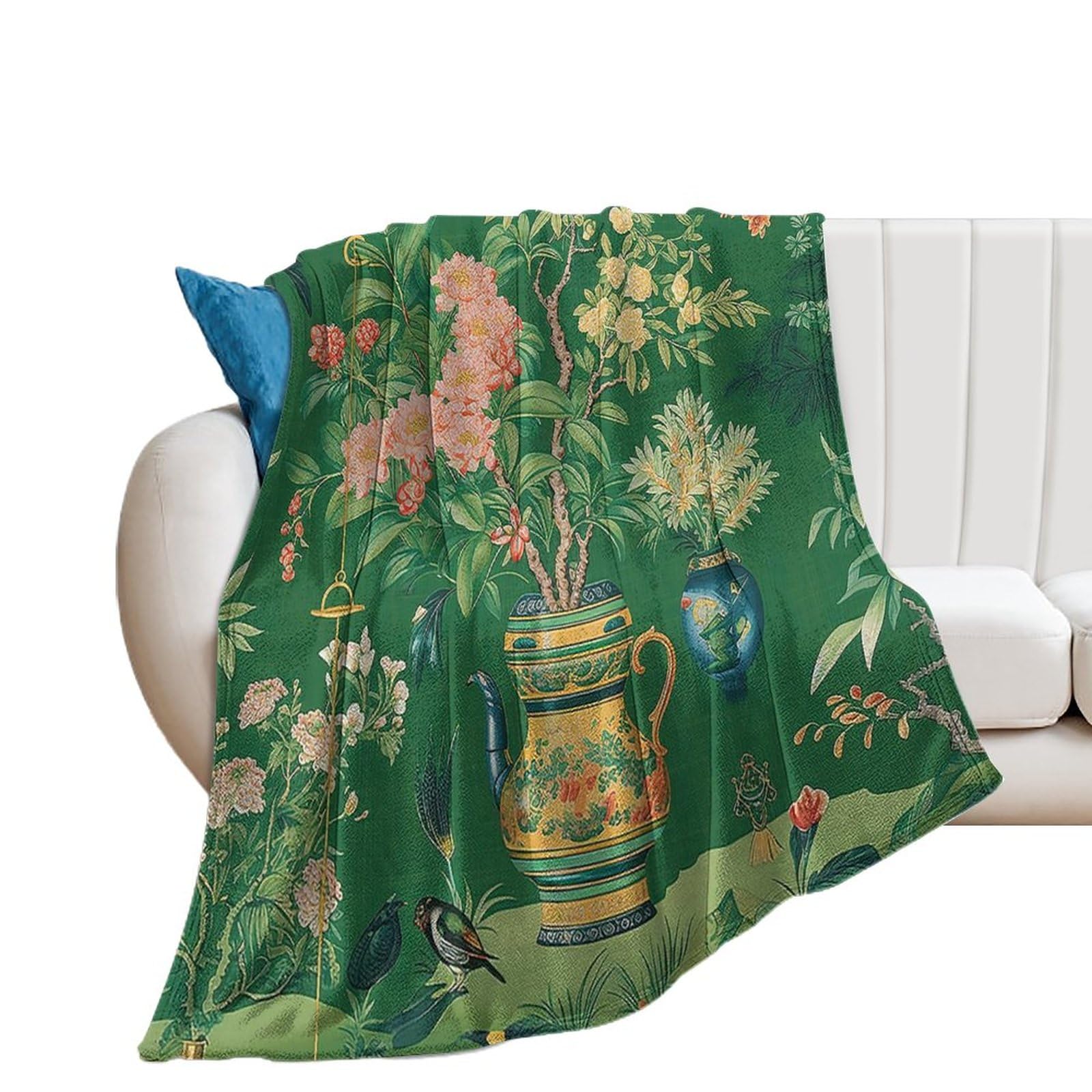 DreamAutumn Green Red Colorful Chinoiserie Floral Throw Blanket - Warm Comfy Super Soft & Plush Flannel Throws for Bed Couch Sofa Office β Lightweight Cozy Fuzzy Blankets for Kids Women Men 70x80in